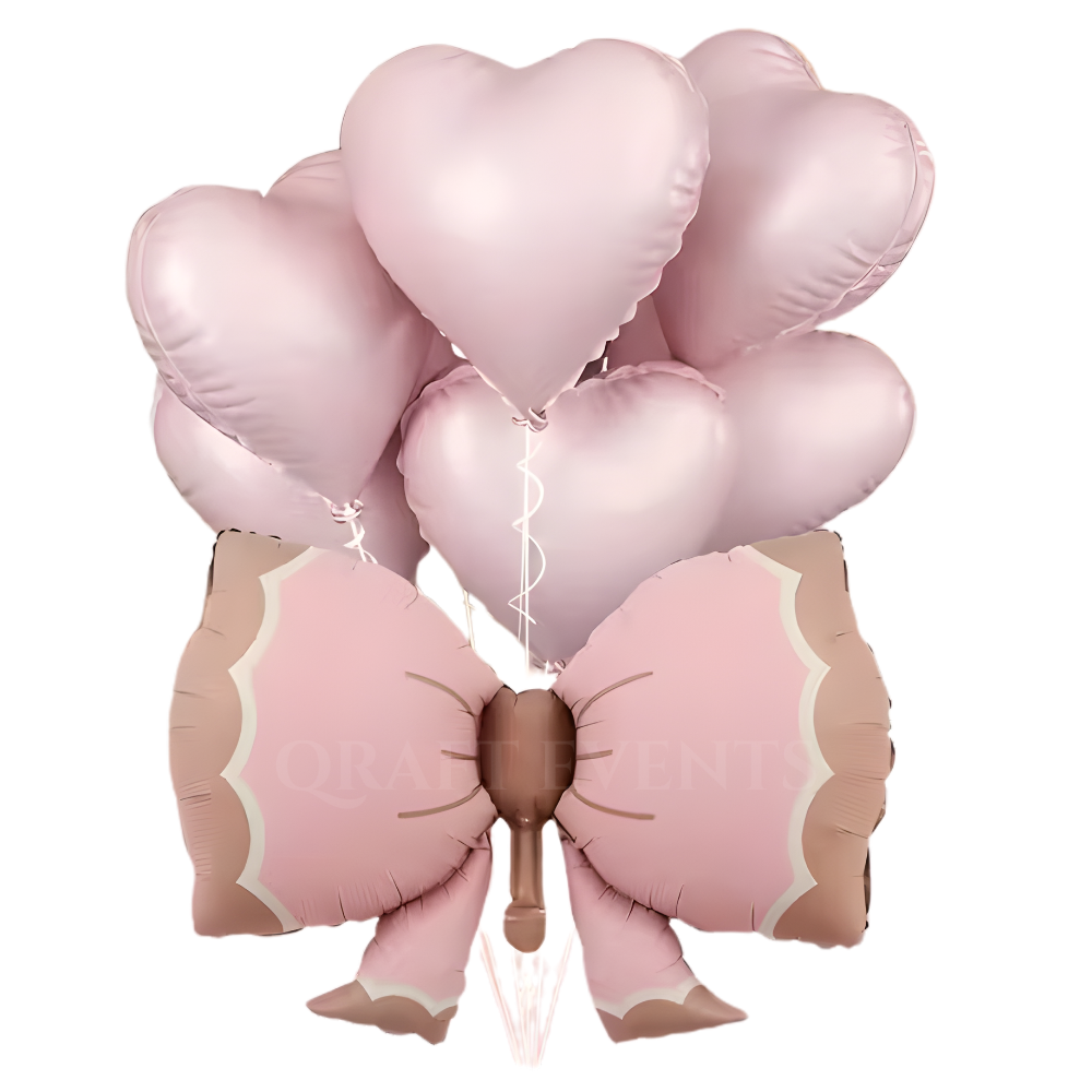 6 Pcs Matte Pink Heart Balloons with Large Pink Bow – Helium Filled