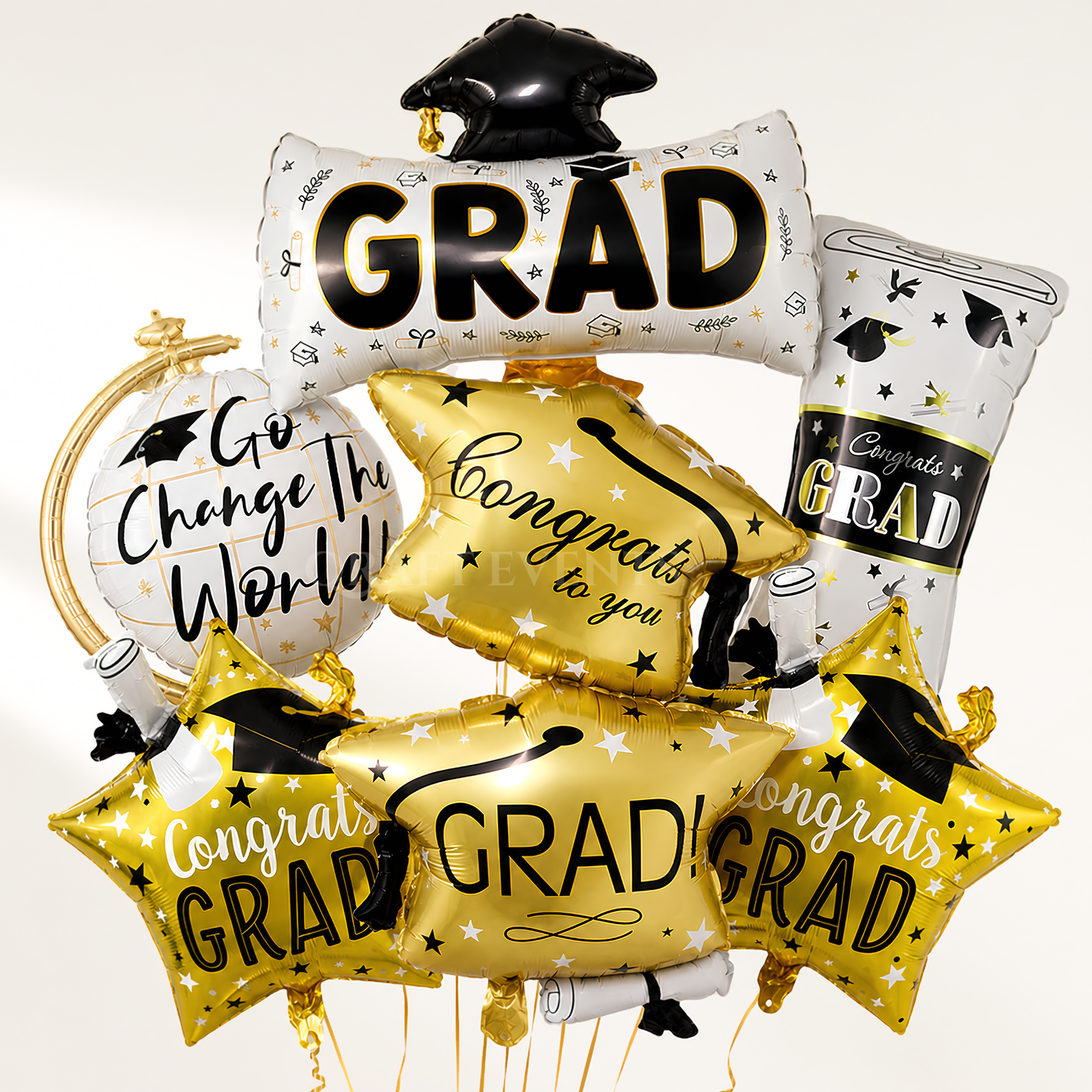 6 Pcs “Go Change the World” Gold & Black Graduation Balloons – Helium Filled